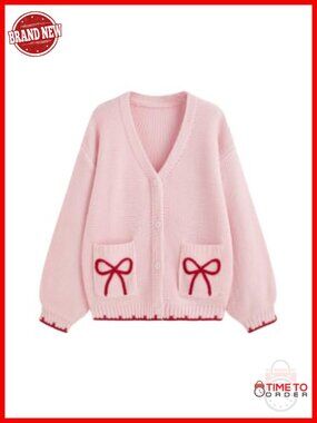 Women's V-Neck Chunky Knit Cardigan Long Sleeve Cozy Bow Detail with Pockets
